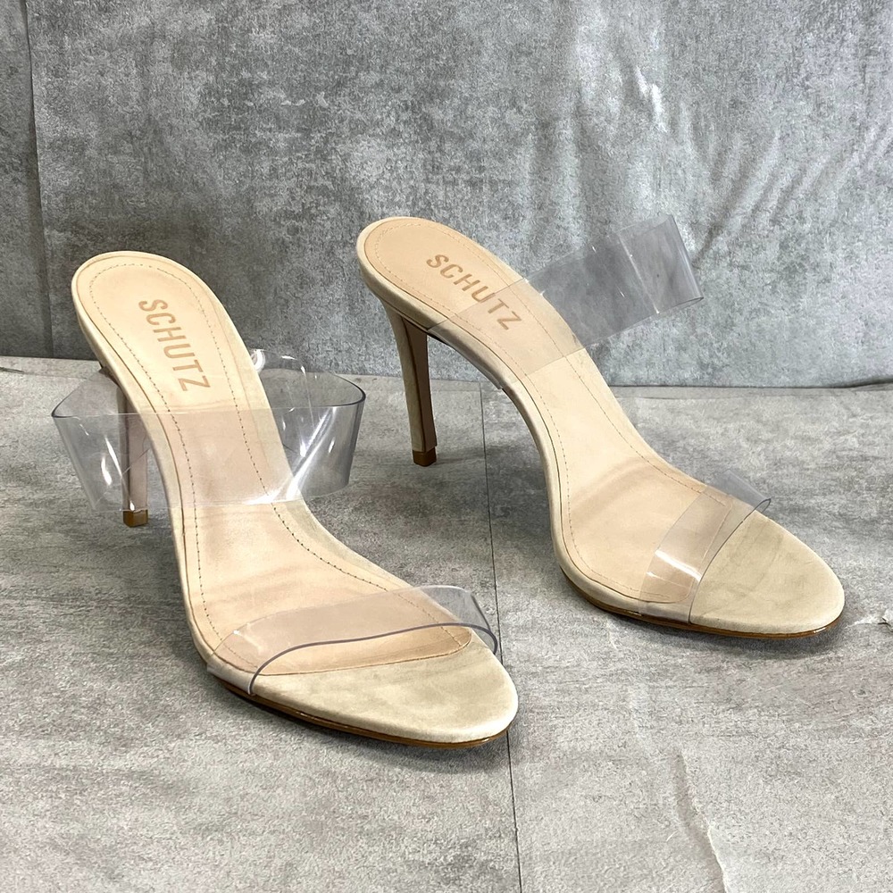 SCHUTZ Women's Nude-Clear Vinyl Ariella Round-Toe Slip-On Stiletto Dress Sandals